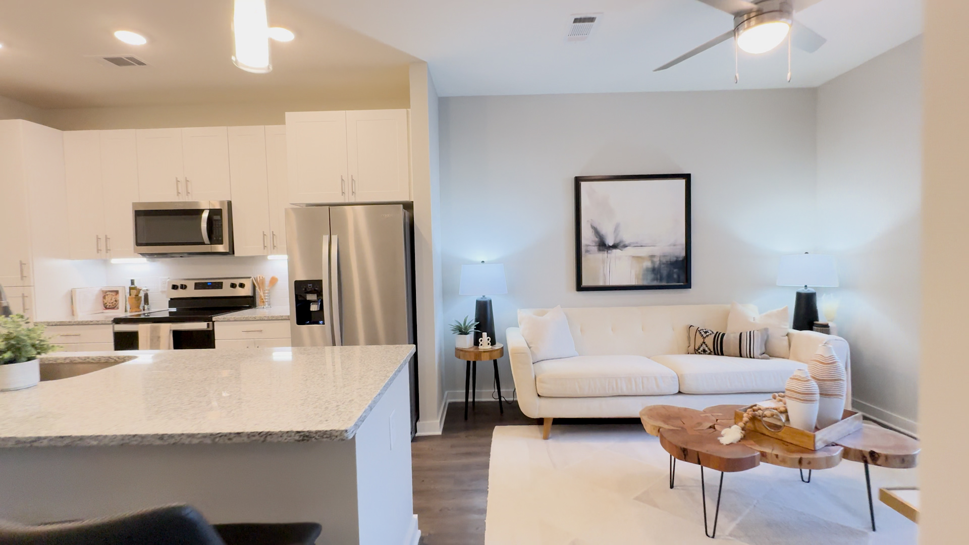 Kitchen and Living Space in 1B/1B Pointe Floor Plan