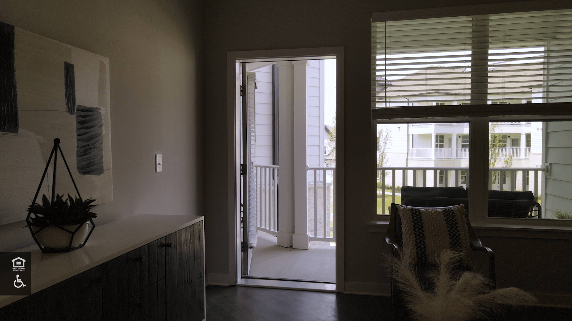 Living area of 1B/1B Horizon Floor Plan, looking out at balcony