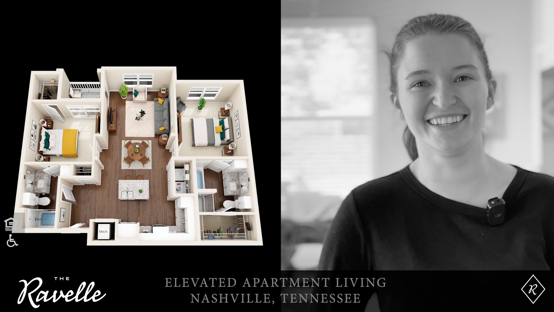 Graphic of Apartment Floor Plan next to image of Ravelle Leasing Professional Graphic of Apartment Floor Plan next to image of Ravelle Leasing Professional