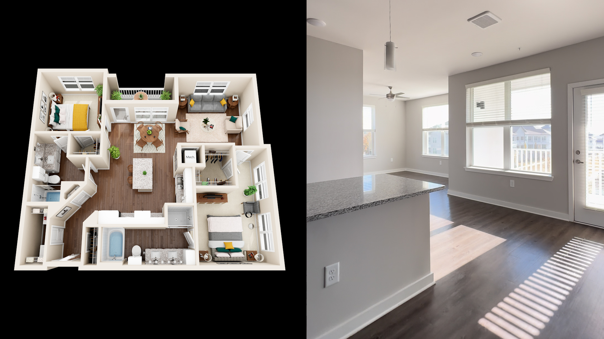 Floor Plan Graphic of Perspective Next To Image of Kitchen and Living Space