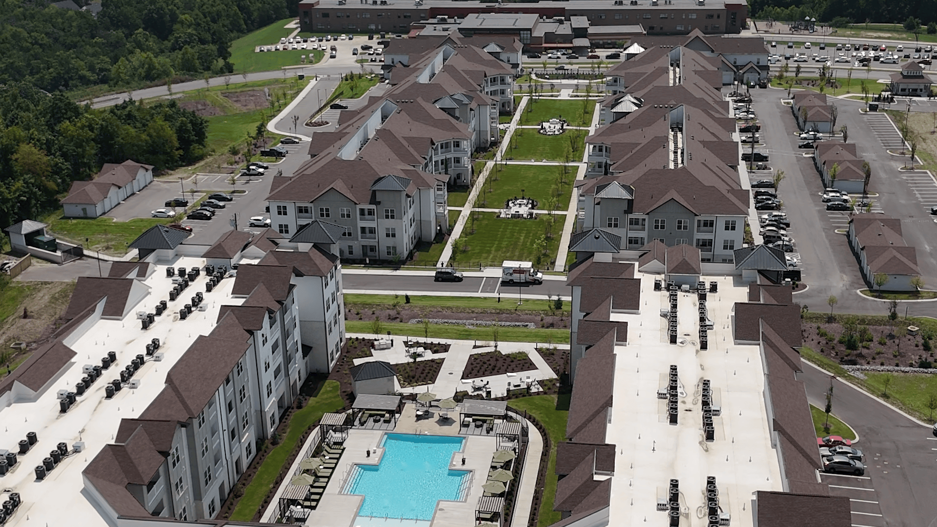 Aerial view of the grand courtyard at The Ravelle