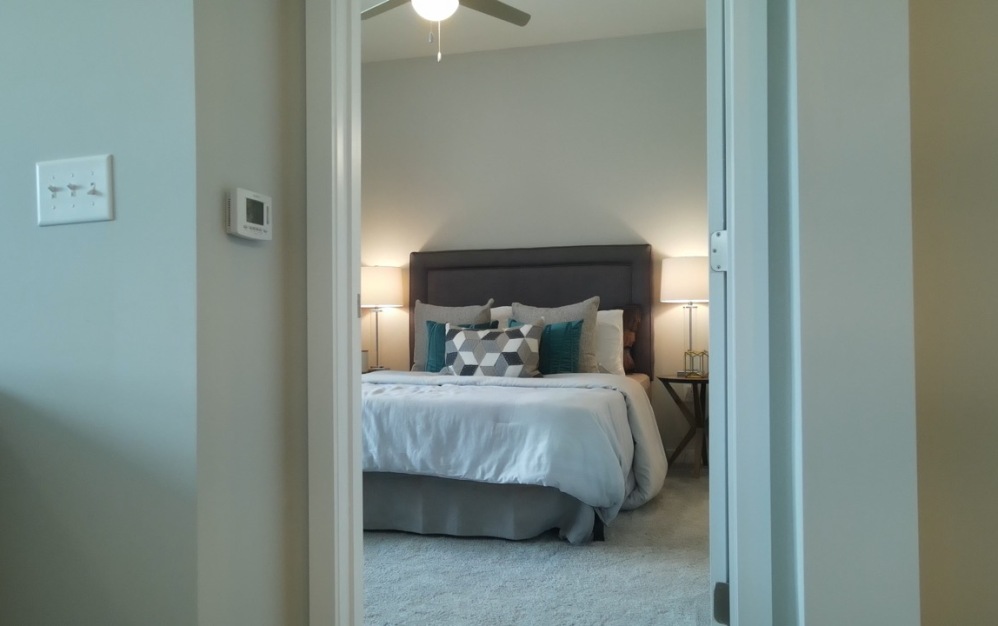 Bedroom in the Vista floor plan at The Ravelle in Nashville, Tennessee with plush carpeting and modern lighting