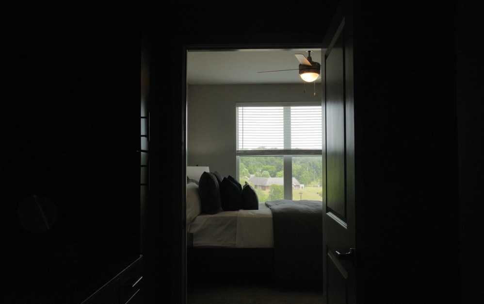 Bedroom in the Vista two-bedroom, two-bath apartment home at The Ravelle in Nashville, shown from the primary bath with natural light from large window