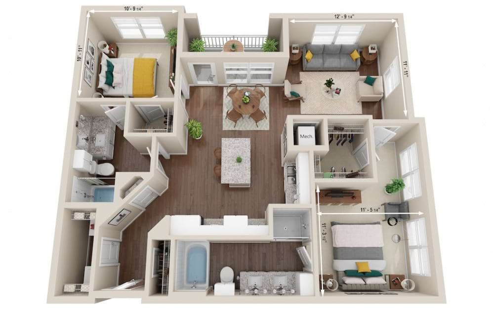 Perspective - 2 bedroom floorplan layout with 2 baths and 1169 square feet. (Layout)