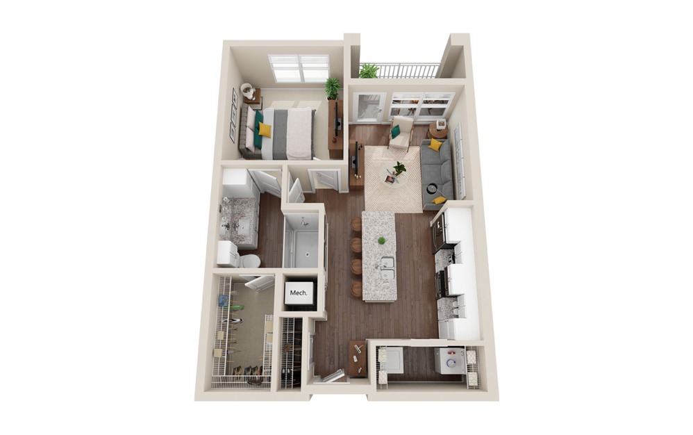 Pointe - 1 bedroom floorplan layout with 1 bath and 675 square feet.