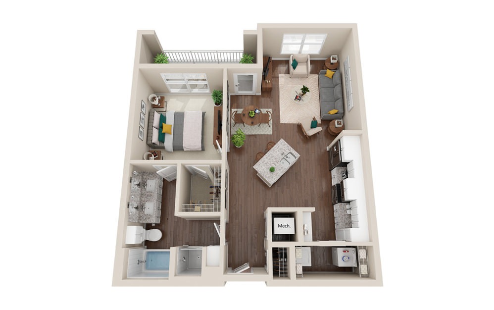 Scene - 1 bedroom floorplan layout with 1 bath and 780 square feet.