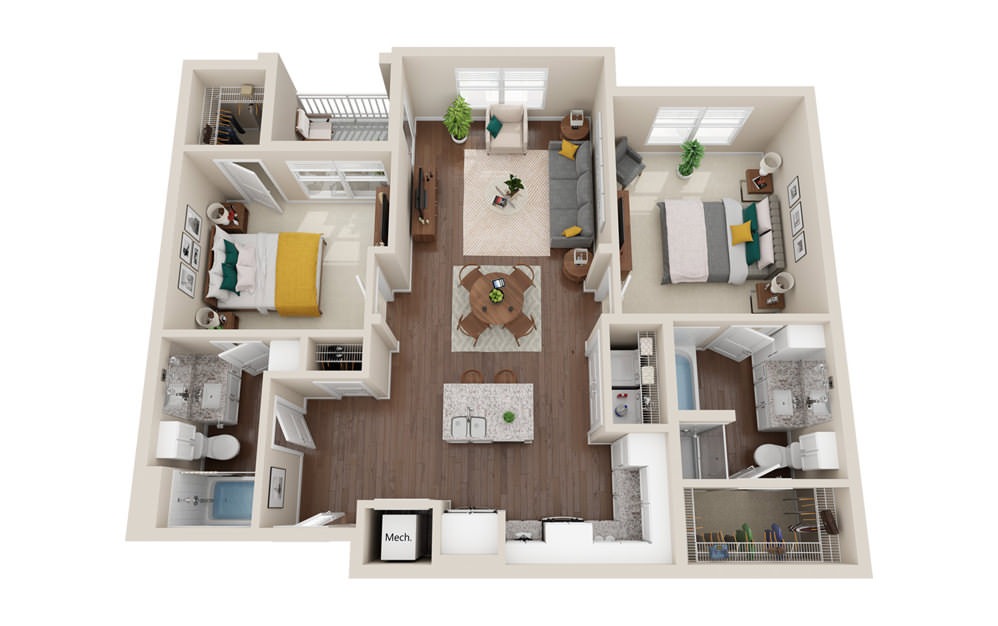 Vista - 2 bedroom floorplan layout with 2 baths and 1072 square feet.
