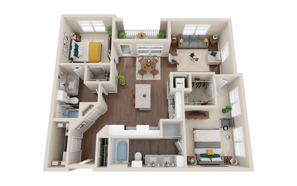 Perspective - 2 bedroom floorplan layout with 2 baths and 1169 square feet.