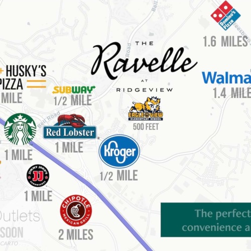 Local map showing the proximity of area restaurants and shops.