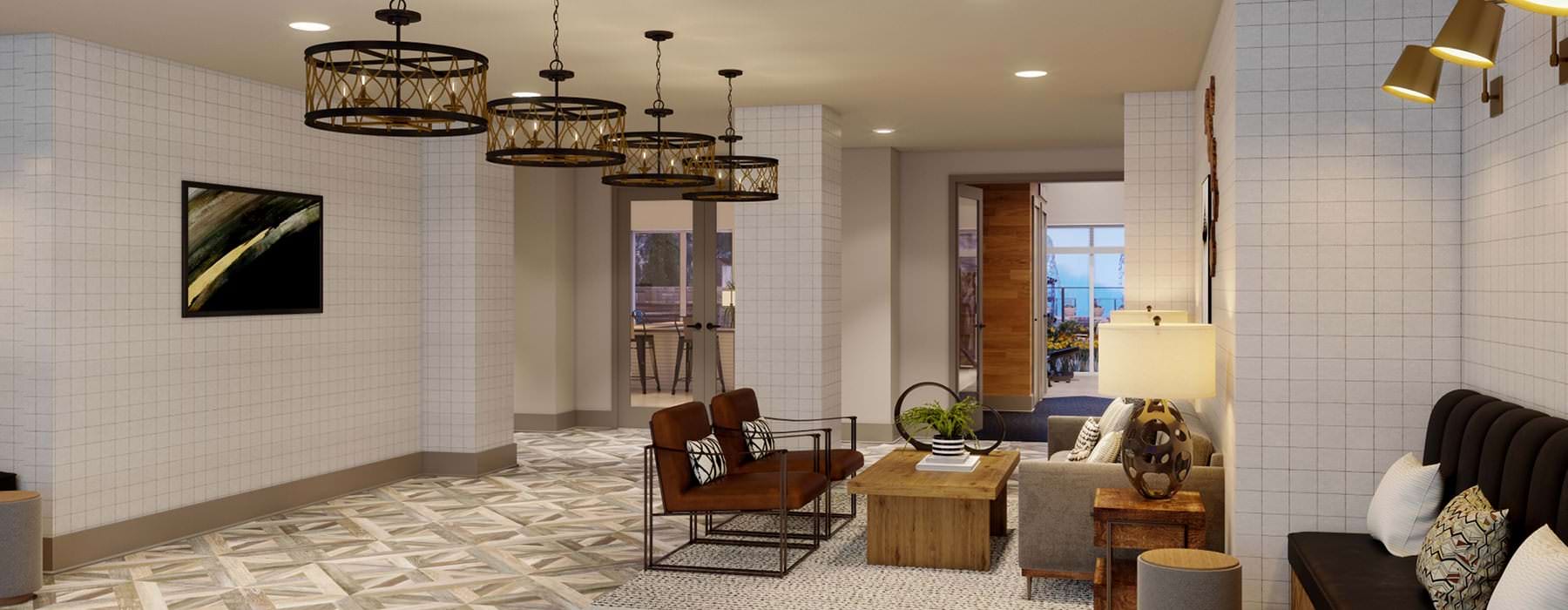 chandeliers and recessed lighting in roomy lobby